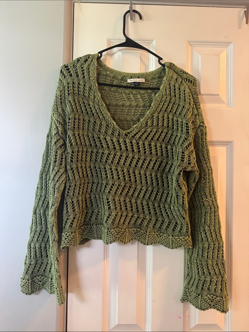 American Eagle Outfitters Olive Green Open-Knit V-Neck Sweater